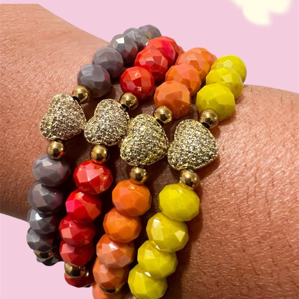 Handmade Red Crystal Glass CZ Heart Charm Beaded Bracelet